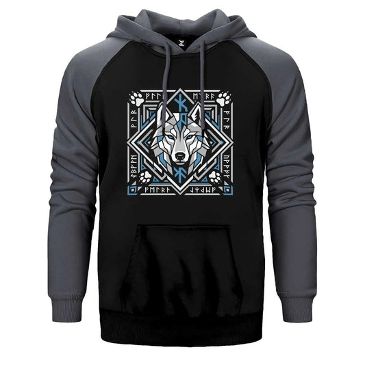 Geometrik Çerçeveli Kurt Başı Baskılı Çift Renk Reglan Kol Sweatshirt / Hoodie