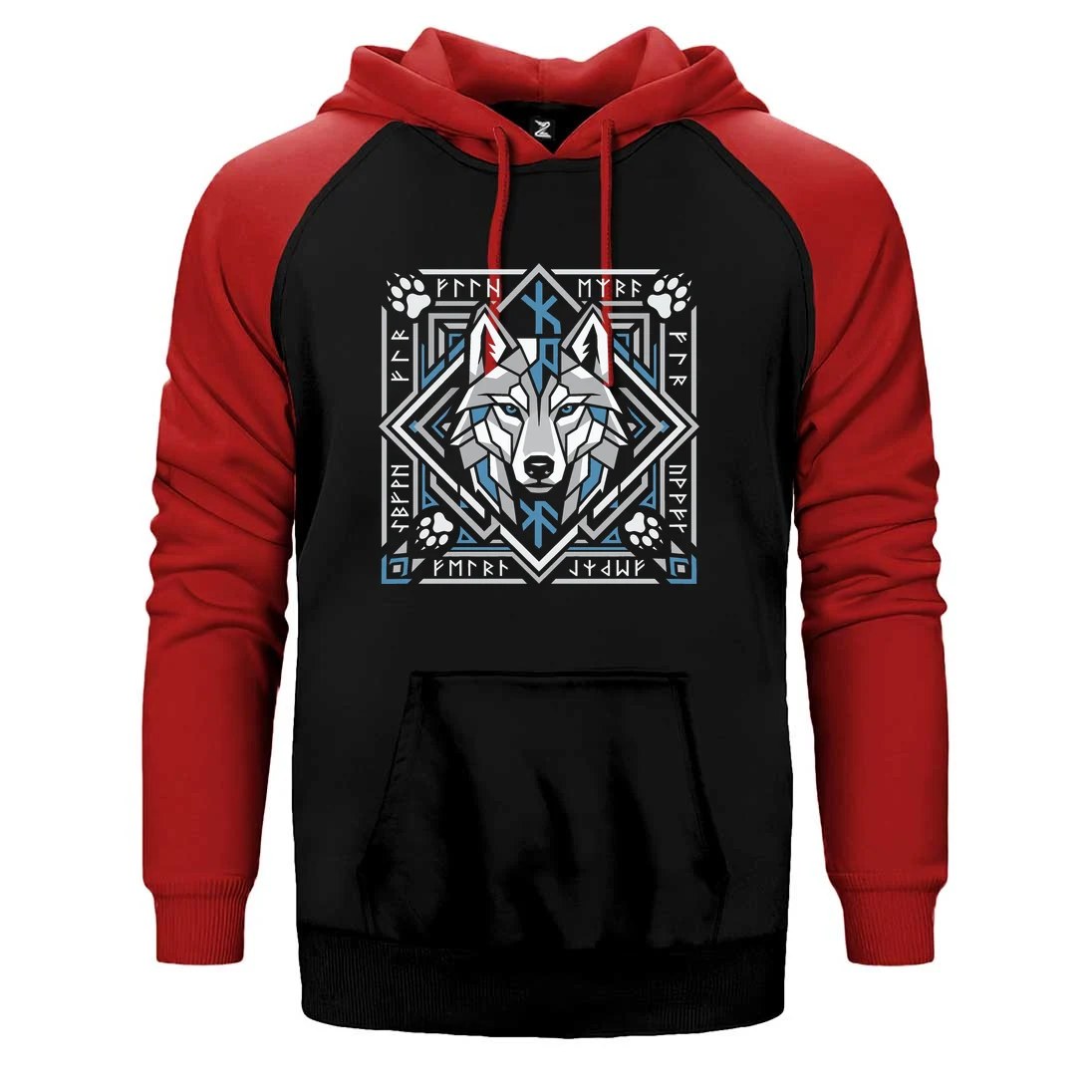 Geometrik Çerçeveli Kurt Başı Baskılı Çift Renk Reglan Kol Sweatshirt / Hoodie