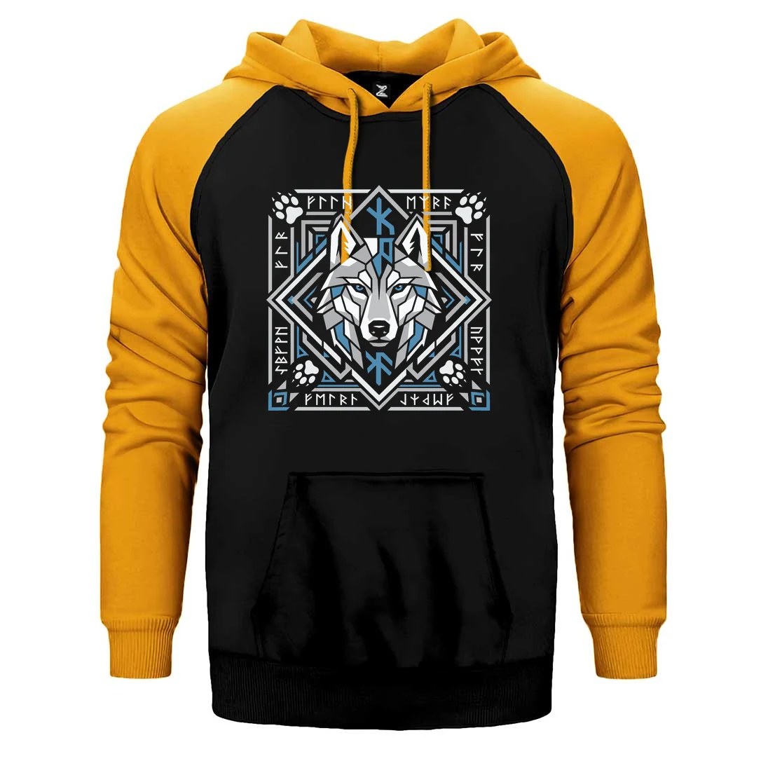 Geometrik Çerçeveli Kurt Başı Baskılı Çift Renk Reglan Kol Sweatshirt / Hoodie