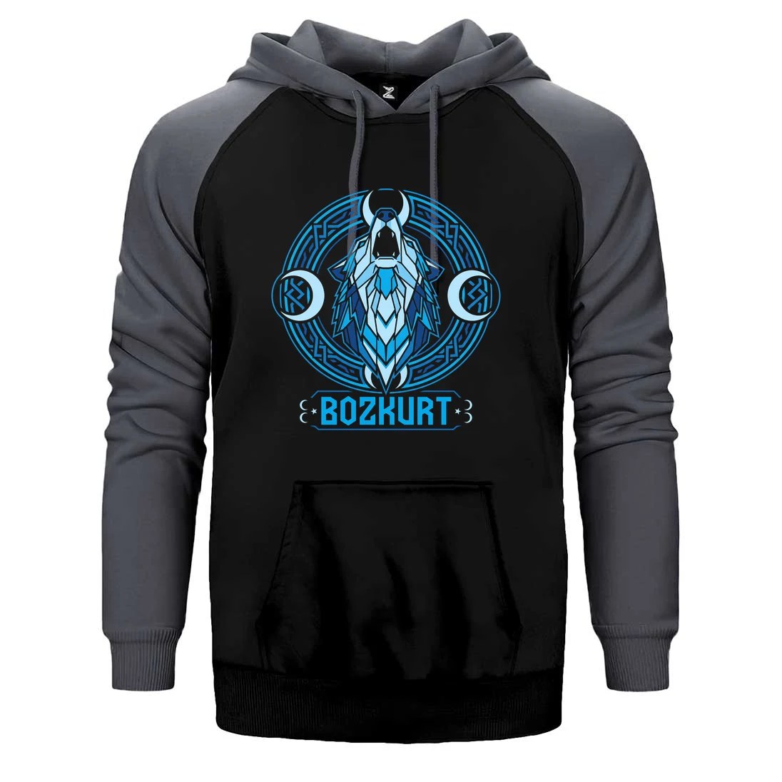Neon Mavi Hilal Detaylı Bozkurt Baskılı Çift Renk Reglan Kol Sweatshirt / Hoodie