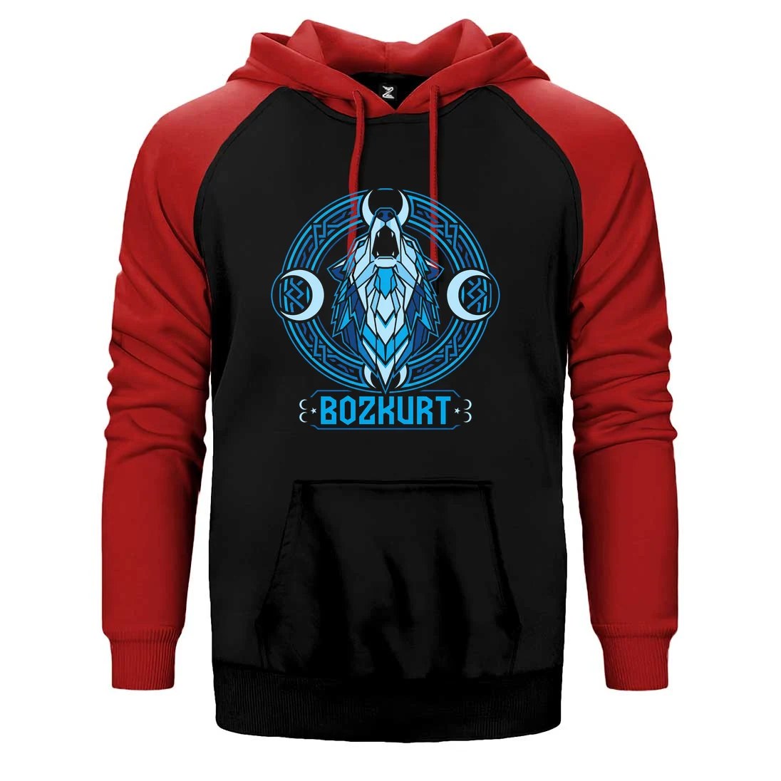 Neon Mavi Hilal Detaylı Bozkurt Baskılı Çift Renk Reglan Kol Sweatshirt / Hoodie