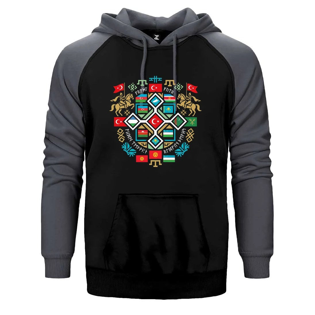 Renkli Mozaik Mandala Türk Motifli Bozkurt Baskılı Çift Renk Reglan Kol Sweatshirt / Hoodie