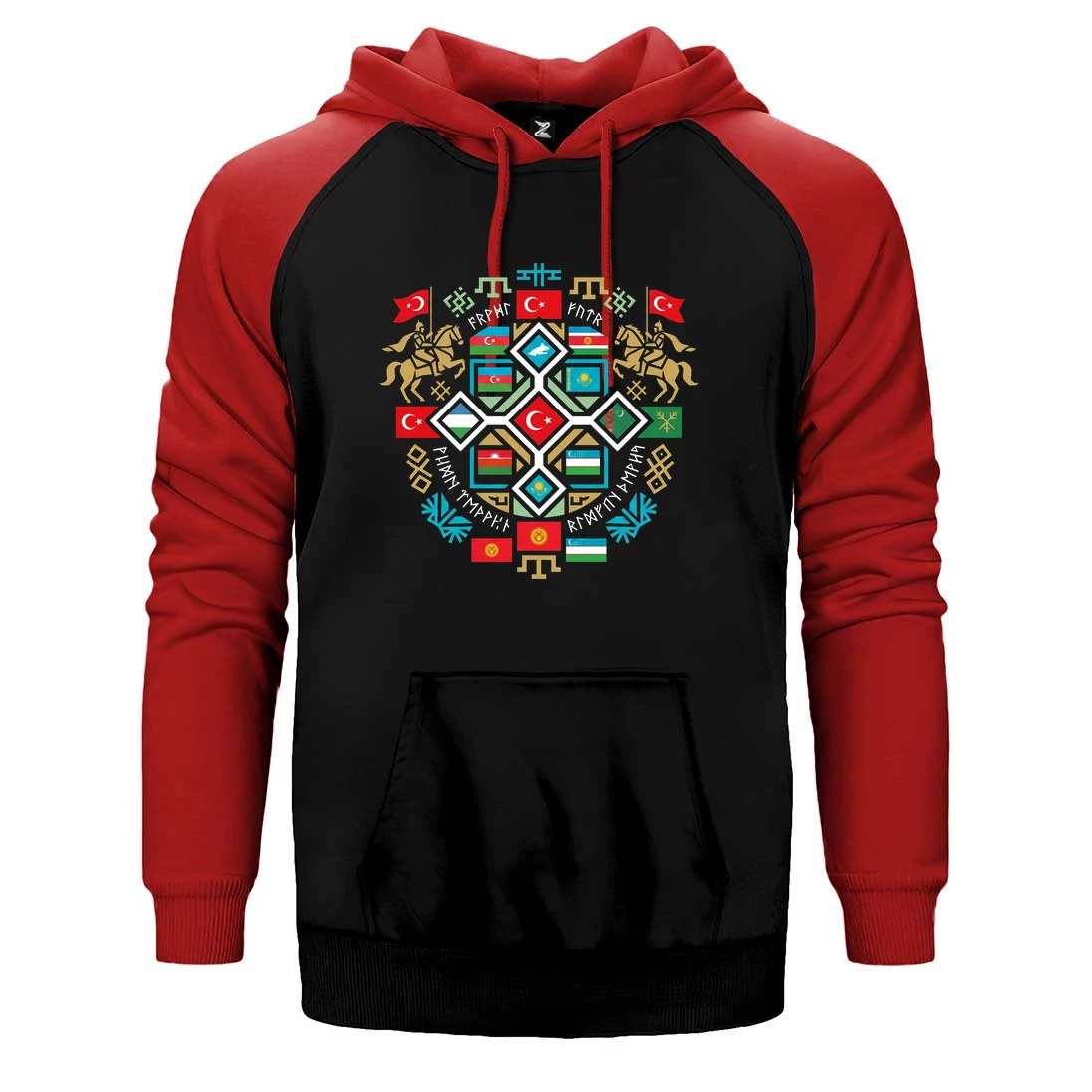 Renkli Mozaik Mandala Türk Motifli Bozkurt Baskılı Çift Renk Reglan Kol Sweatshirt / Hoodie