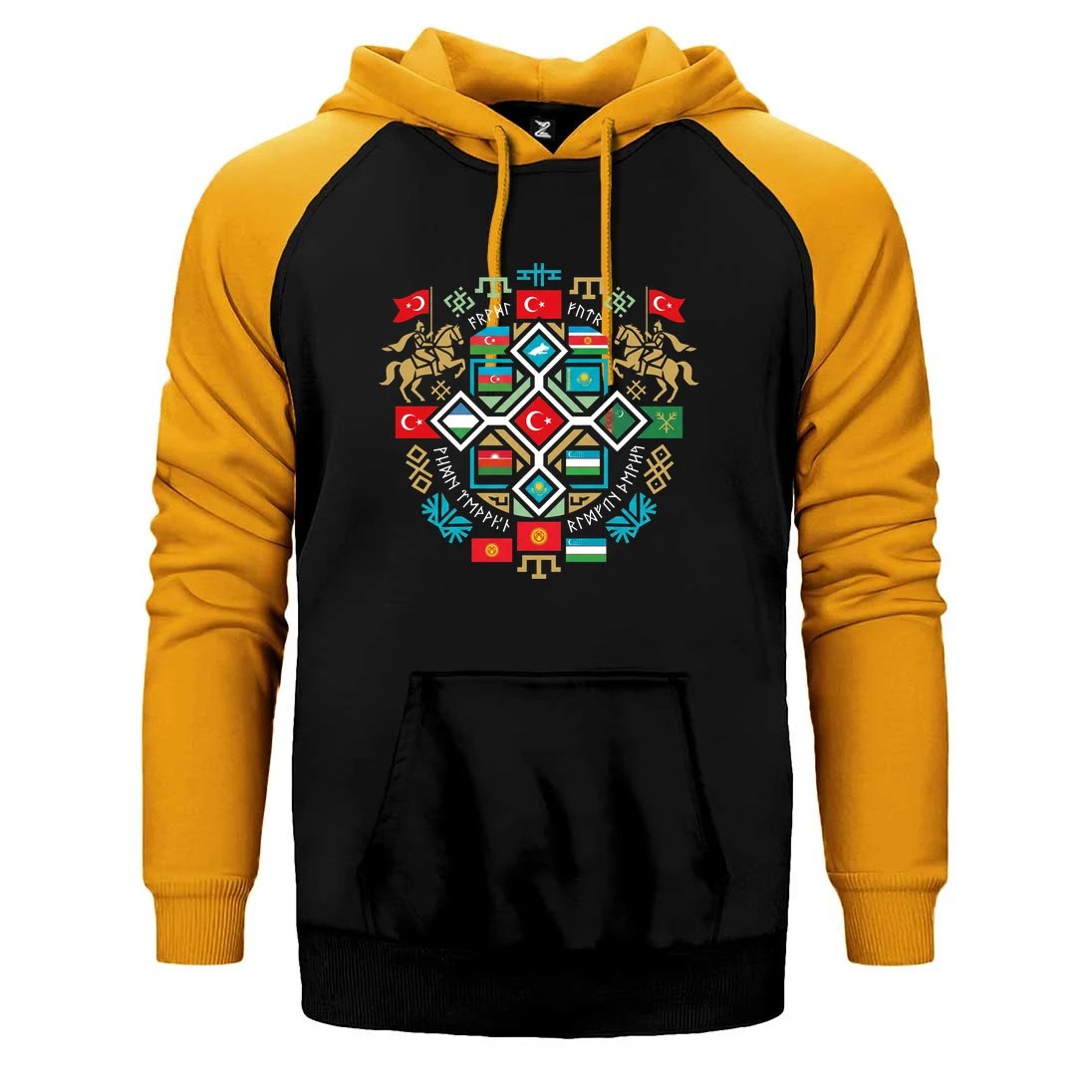 Renkli Mozaik Mandala Türk Motifli Bozkurt Baskılı Çift Renk Reglan Kol Sweatshirt / Hoodie