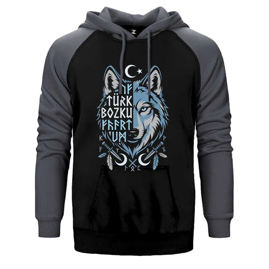 Mavi Ay Yıldızlı Türk Bozkurt Yazılı Baskılı Çift Renk Reglan Kol Sweatshirt / Hoodie