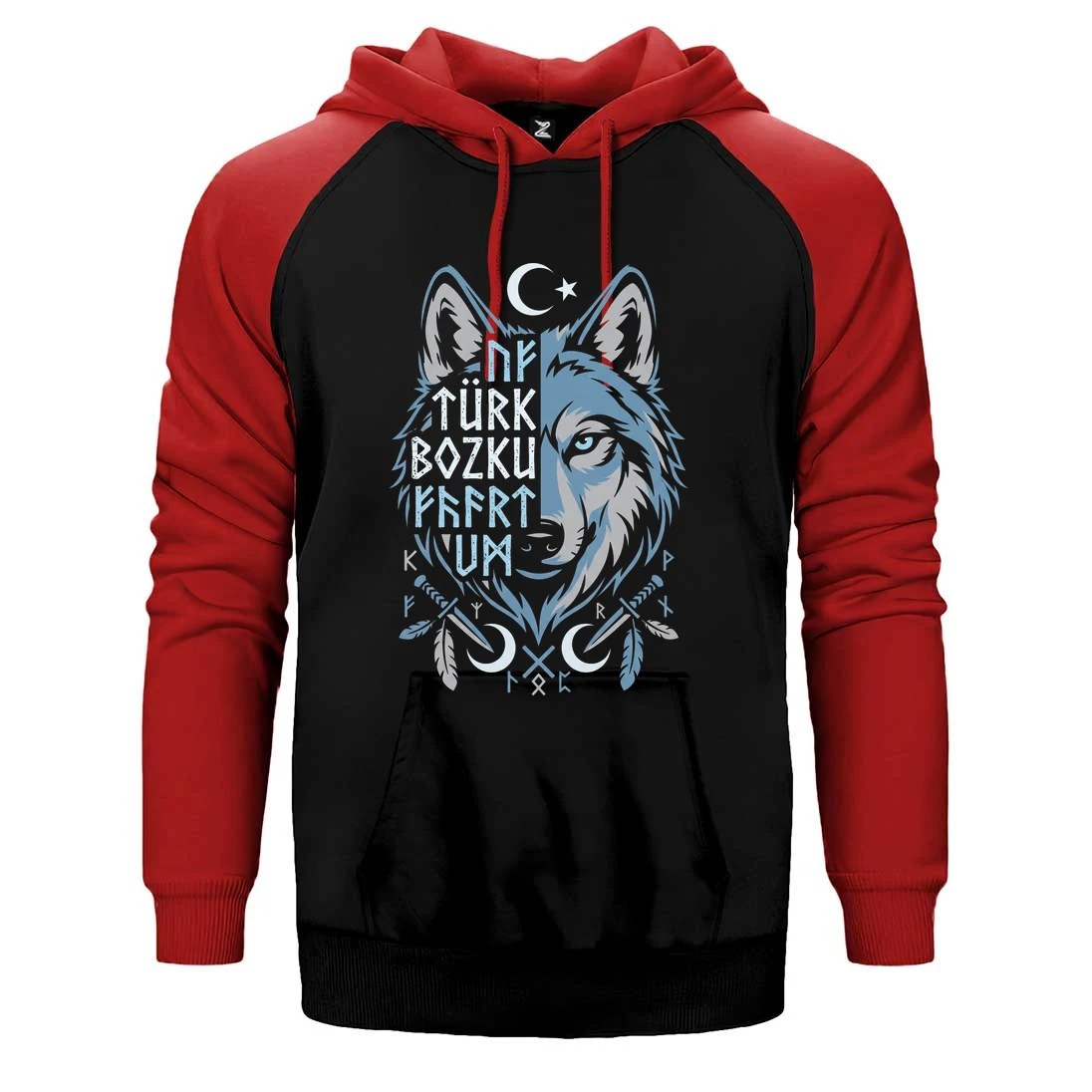 Mavi Ay Yıldızlı Türk Bozkurt Yazılı Baskılı Çift Renk Reglan Kol Sweatshirt / Hoodie