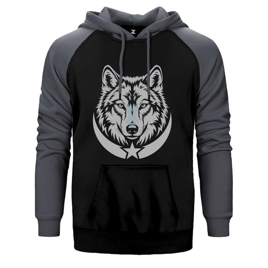 Gri Gerçekçi Kurt Başı ve Hilal Baskılı Çift Renk Reglan Kol Sweatshirt / Hoodie