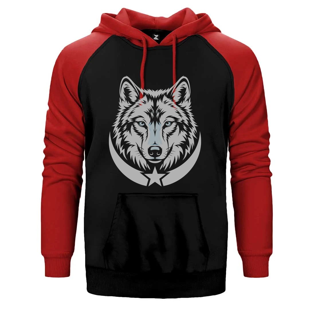 Gri Gerçekçi Kurt Başı ve Hilal Baskılı Çift Renk Reglan Kol Sweatshirt / Hoodie