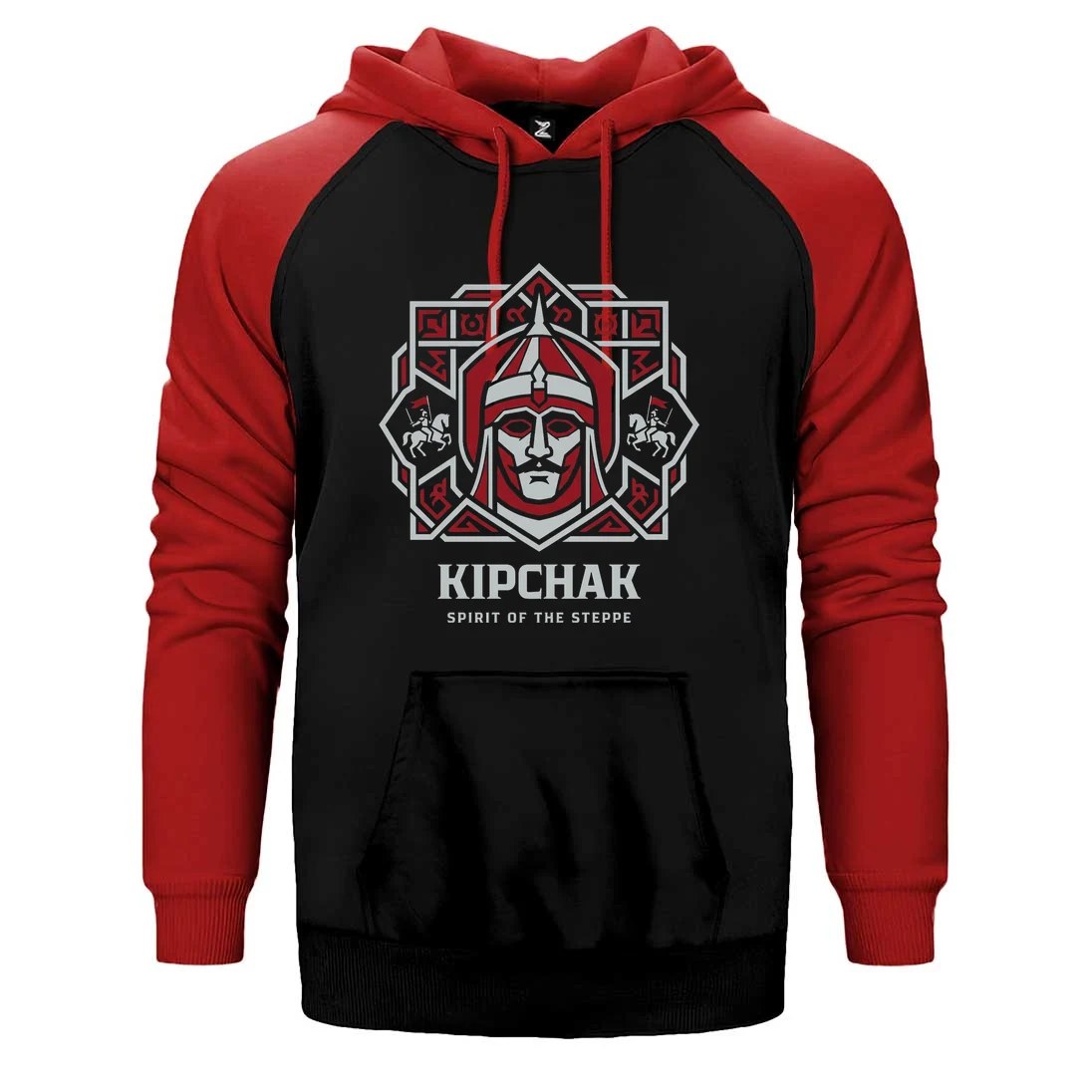 Kıpçak Savaşçı Miğferli Kırmızı Motifli Baskılı Çift Renk Reglan Kol Sweatshirt / Hoodie