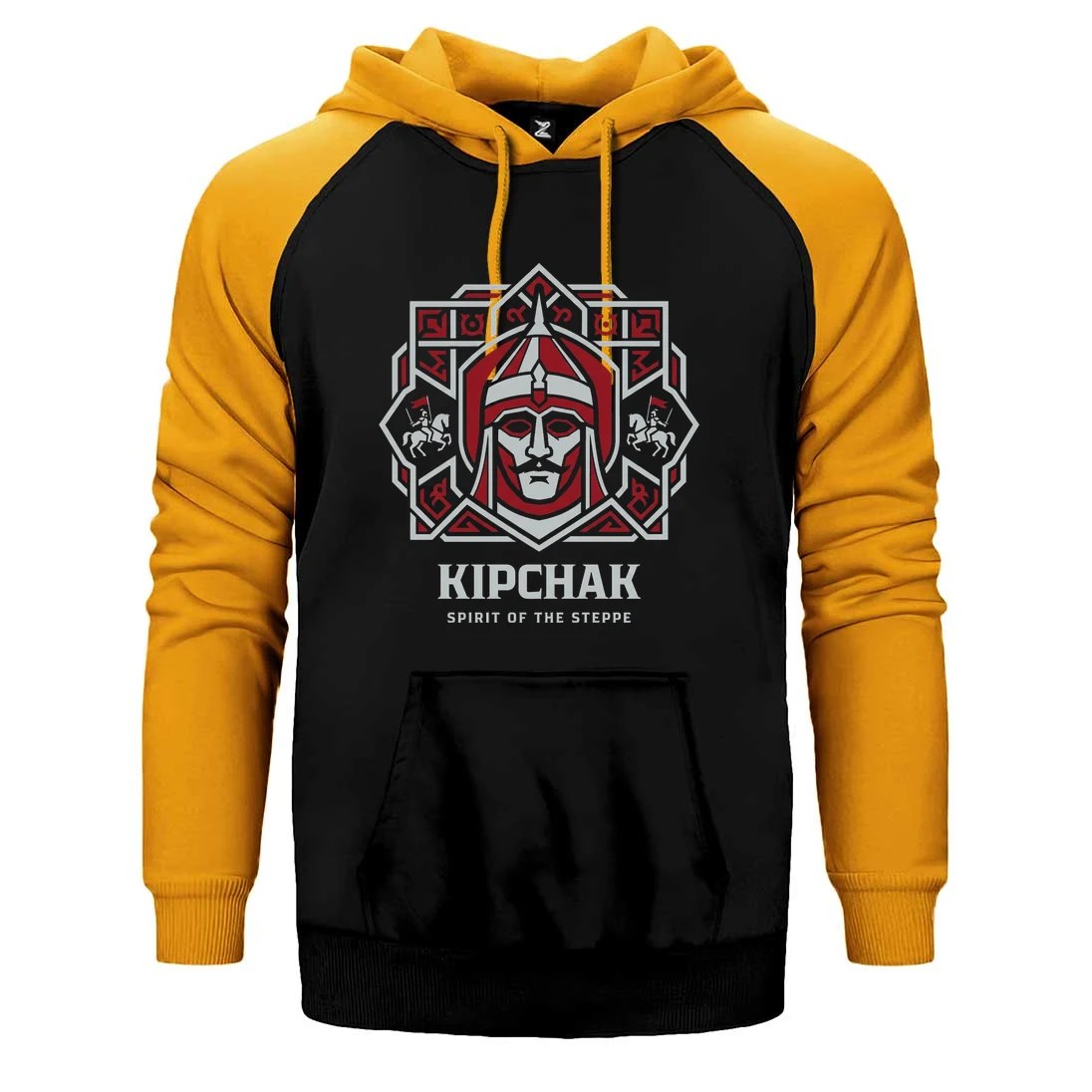 Kıpçak Savaşçı Miğferli Kırmızı Motifli Baskılı Çift Renk Reglan Kol Sweatshirt / Hoodie