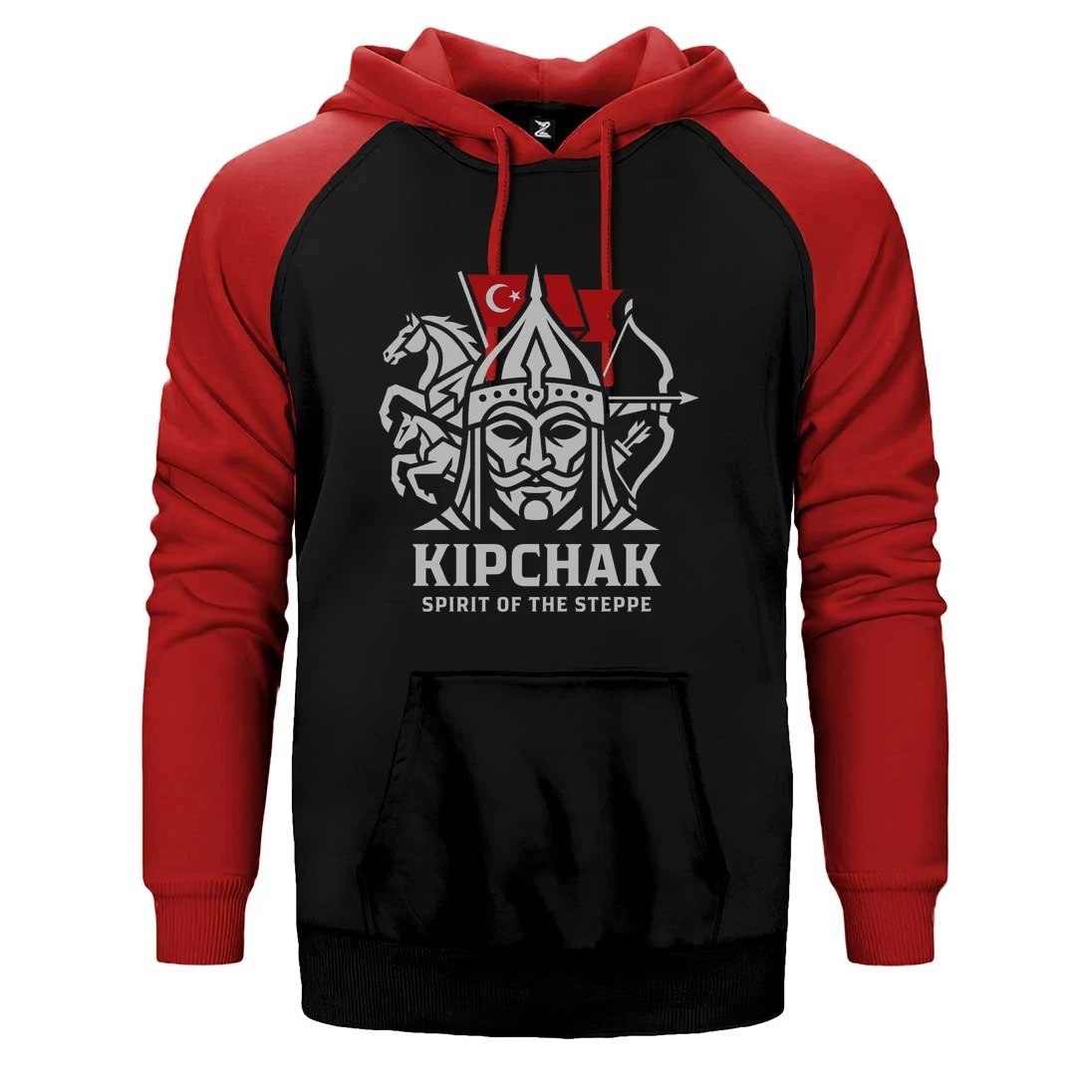 Kıpçak Atlı Okçu Türk Bayraklı Baskılı Çift Renk Reglan Kol Sweatshirt / Hoodie