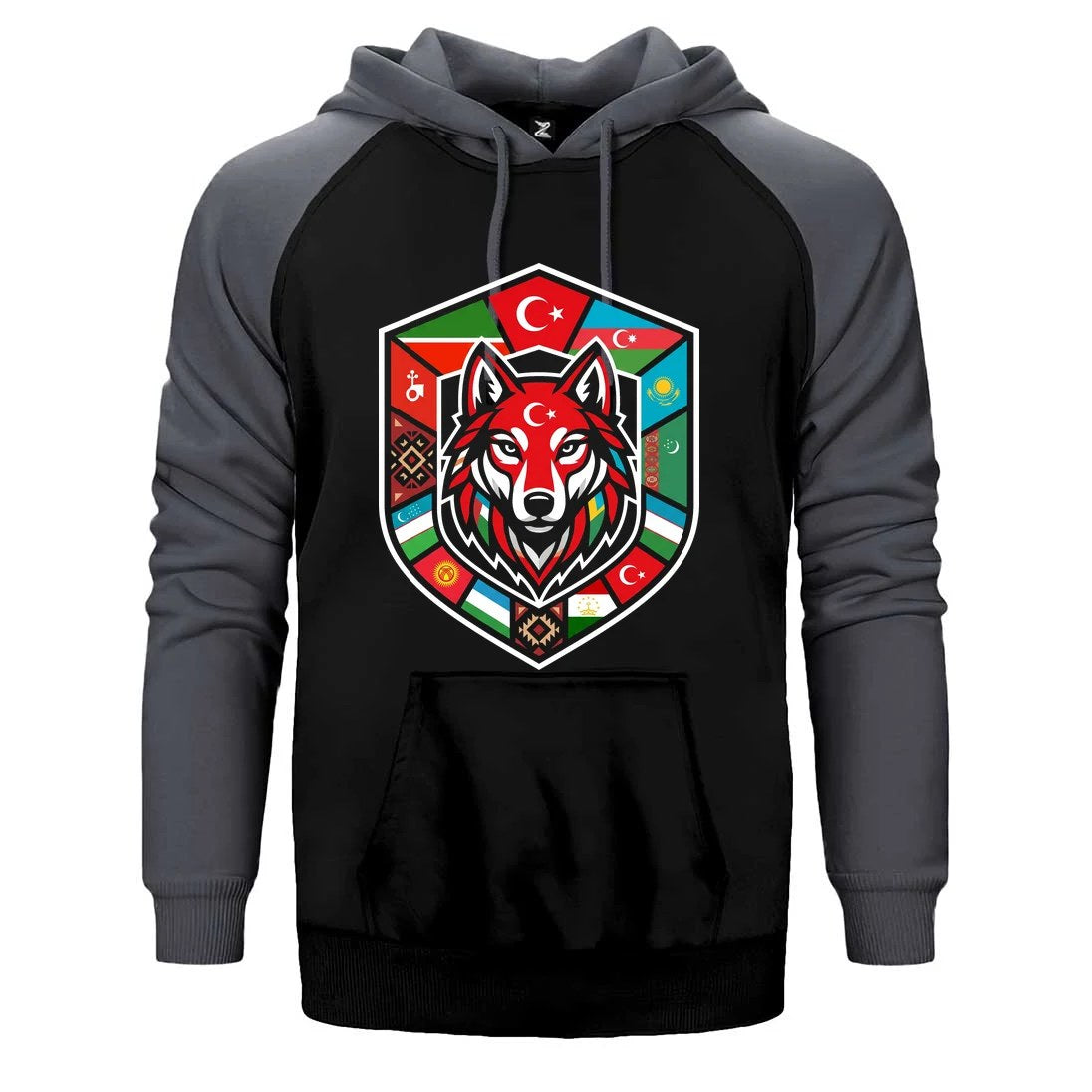 Türk Devletleri Bayraklı Kalkan Bozkurt Baskılı Çift Renk Reglan Kol Sweatshirt / Hoodie