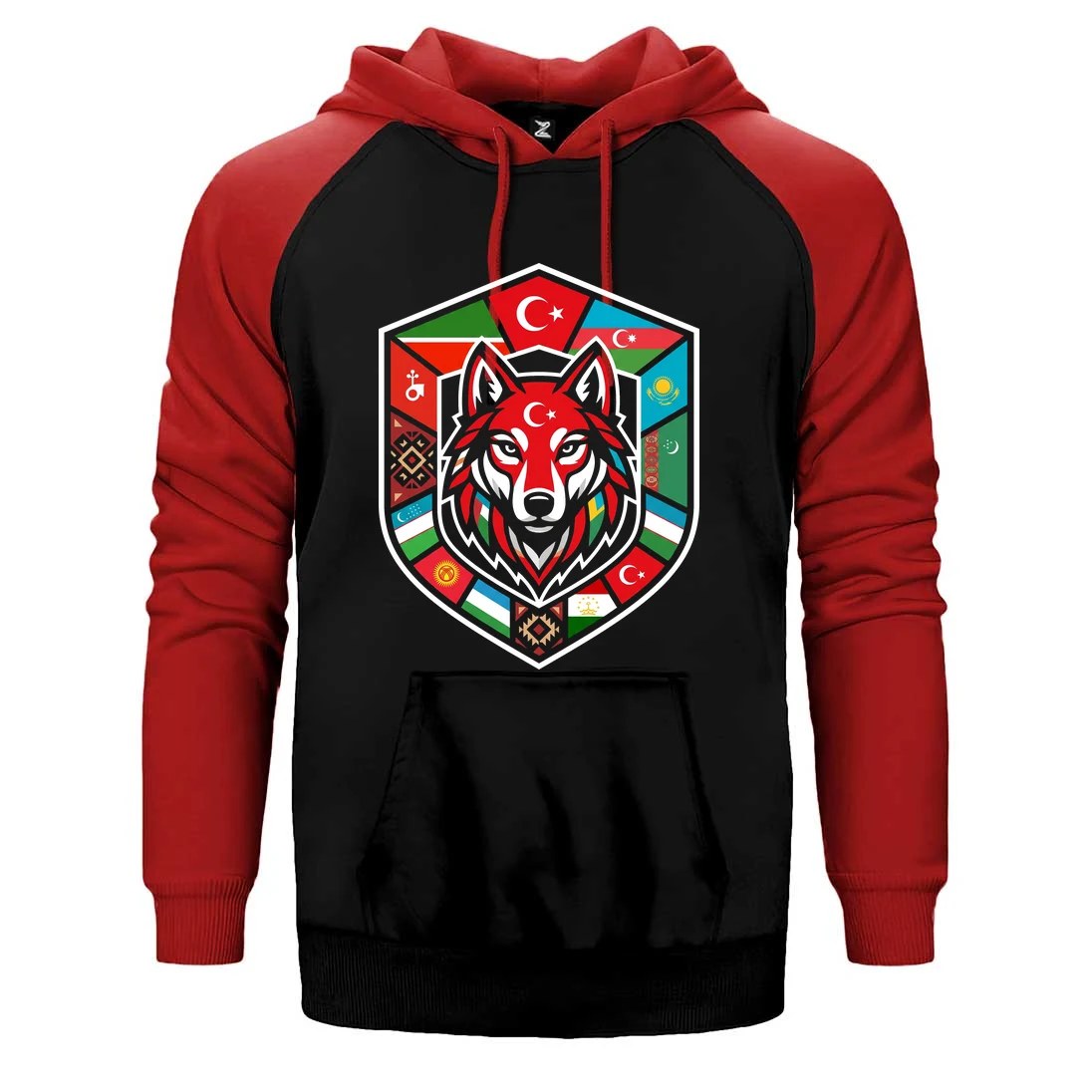 Türk Devletleri Bayraklı Kalkan Bozkurt Baskılı Çift Renk Reglan Kol Sweatshirt / Hoodie