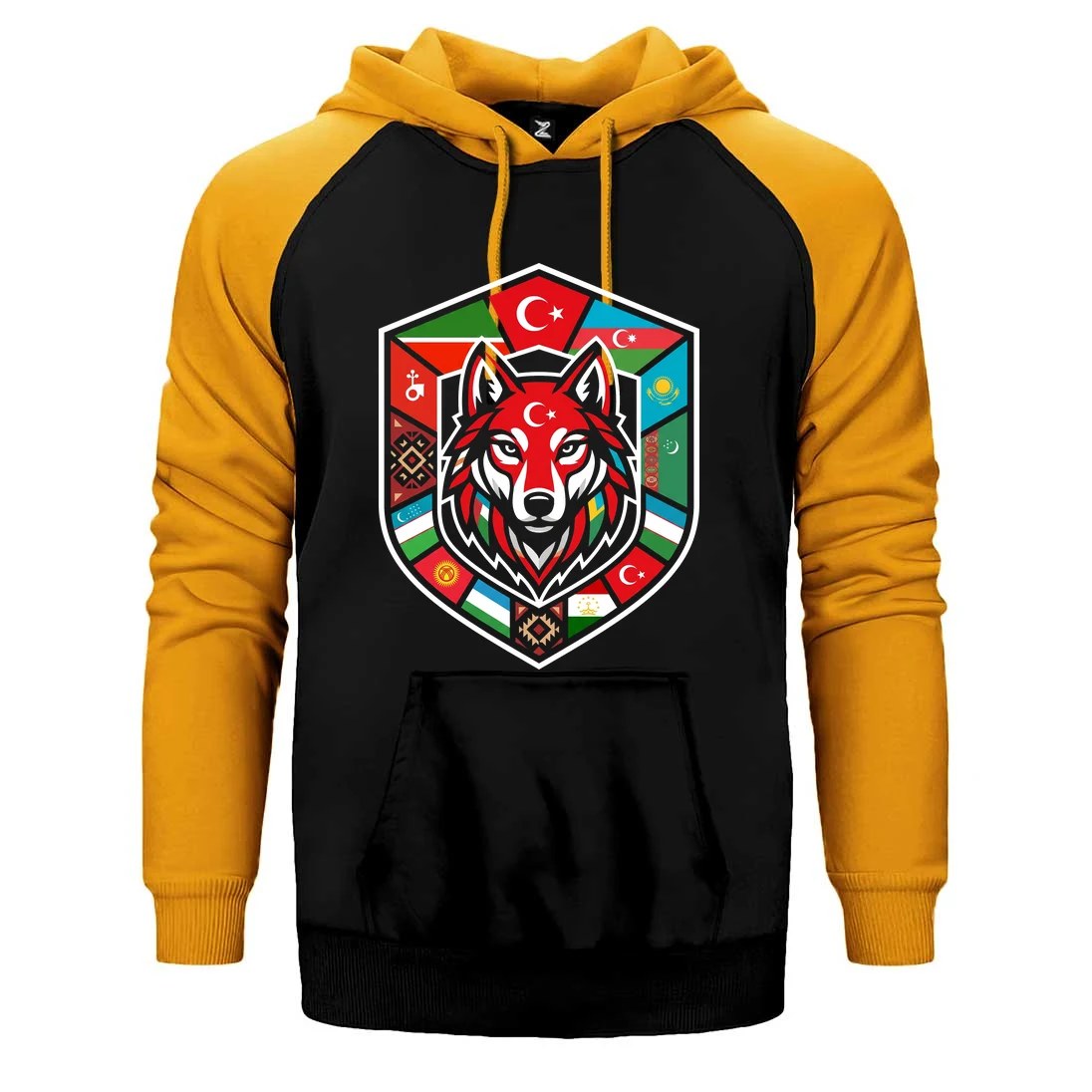 Türk Devletleri Bayraklı Kalkan Bozkurt Baskılı Çift Renk Reglan Kol Sweatshirt / Hoodie