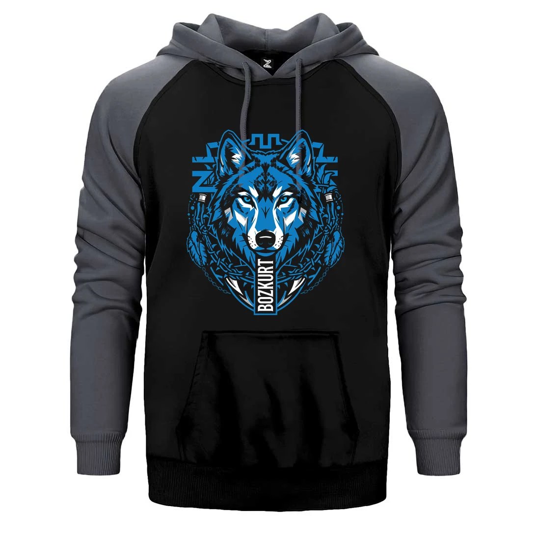 Mavi Soyut Çizgi Kurt Başı Baskılı Çift Renk Reglan Kol Sweatshirt / Hoodie