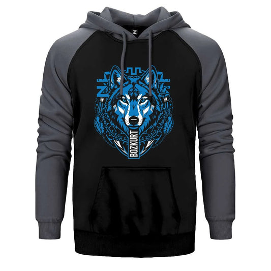 Mavi Soyut Çizgi Kurt Başı Baskılı Çift Renk Reglan Kol Sweatshirt / Hoodie