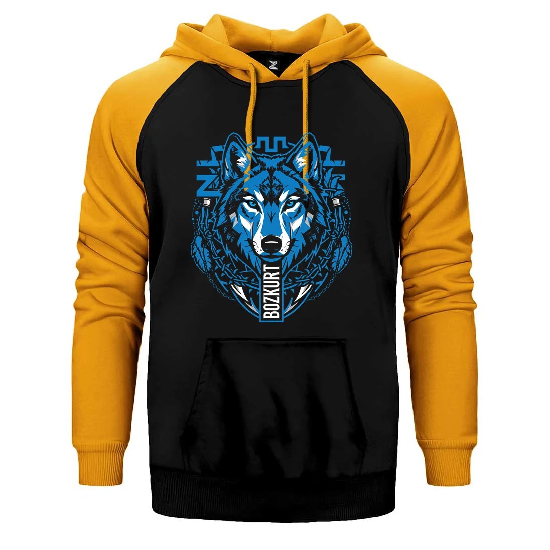 Mavi Soyut Çizgi Kurt Başı Baskılı Çift Renk Reglan Kol Sweatshirt / Hoodie