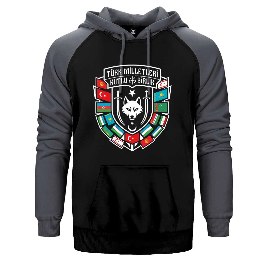 Türk Dünyası Bayrakları Kalkan Amblem Baskılı Çift Renk Reglan Kol Sweatshirt / Hoodie