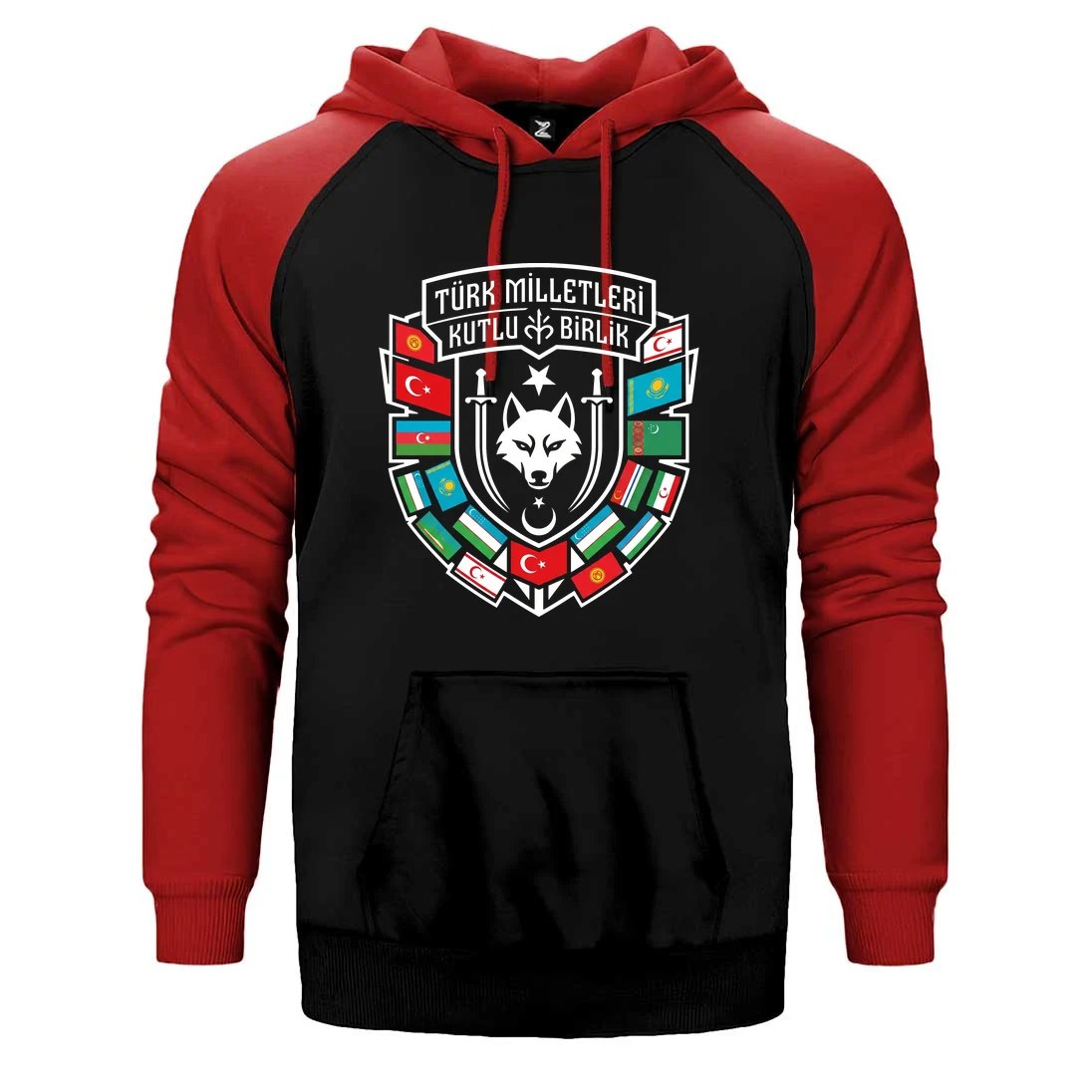 Türk Dünyası Bayrakları Kalkan Amblem Baskılı Çift Renk Reglan Kol Sweatshirt / Hoodie