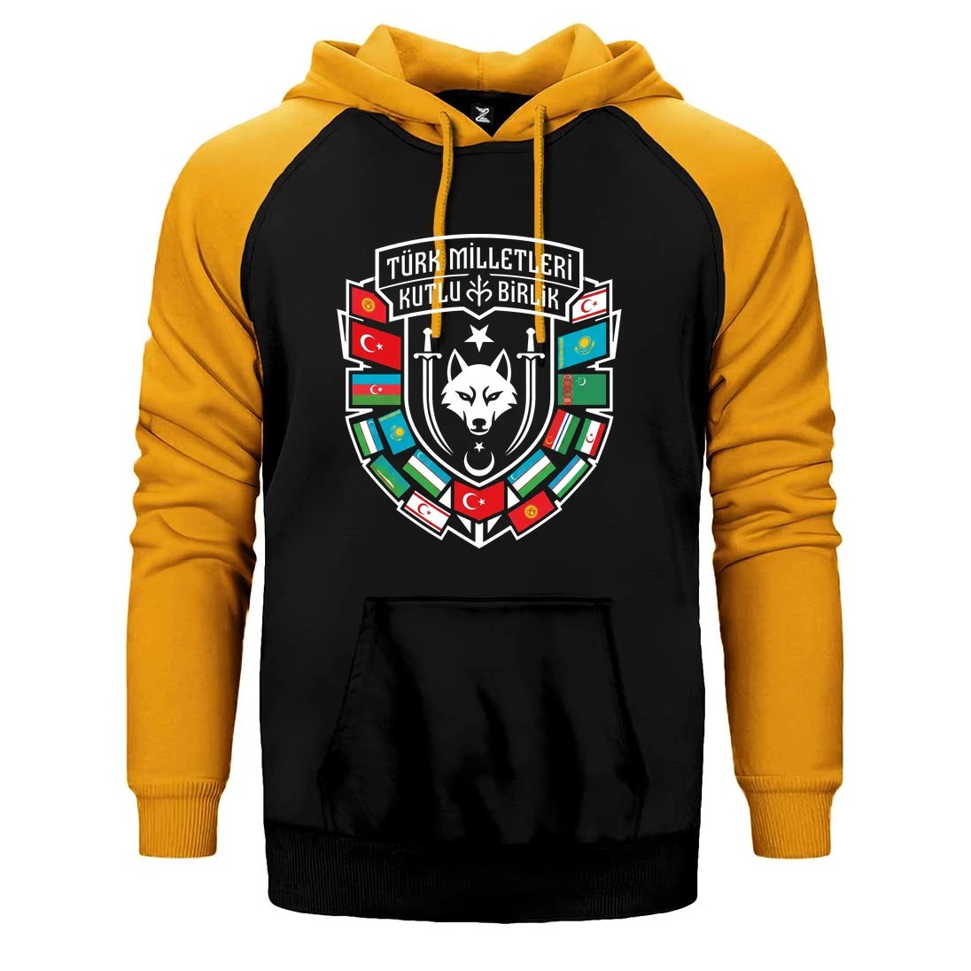 Türk Dünyası Bayrakları Kalkan Amblem Baskılı Çift Renk Reglan Kol Sweatshirt / Hoodie