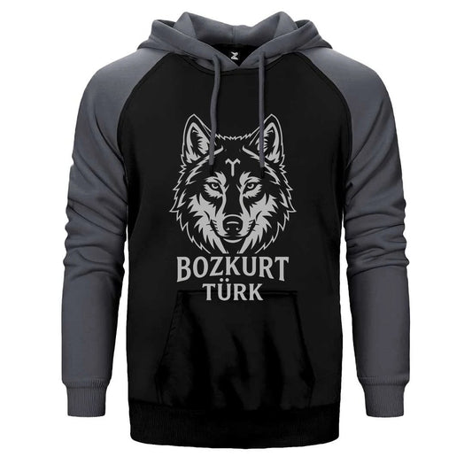 Beyaz Çizgisel Kurt Başı Bozkurt Türk Yazılı Baskılı Çift Renk Reglan Kol Sweatshirt / Hoodie