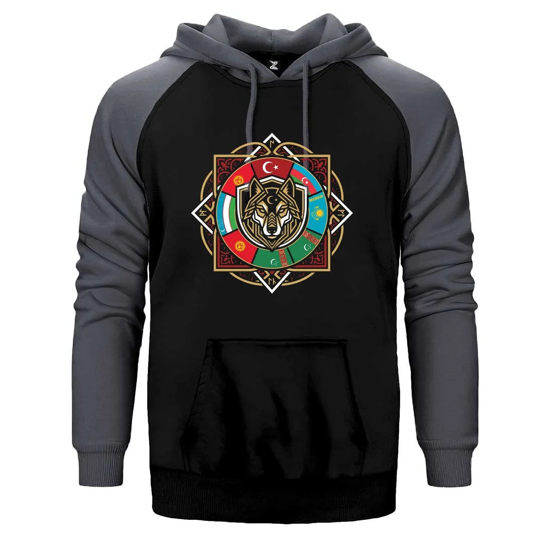Sekizgen Mandala Bayraklı Bozkurt Baskılı Çift Renk Reglan Kol Sweatshirt / Hoodie