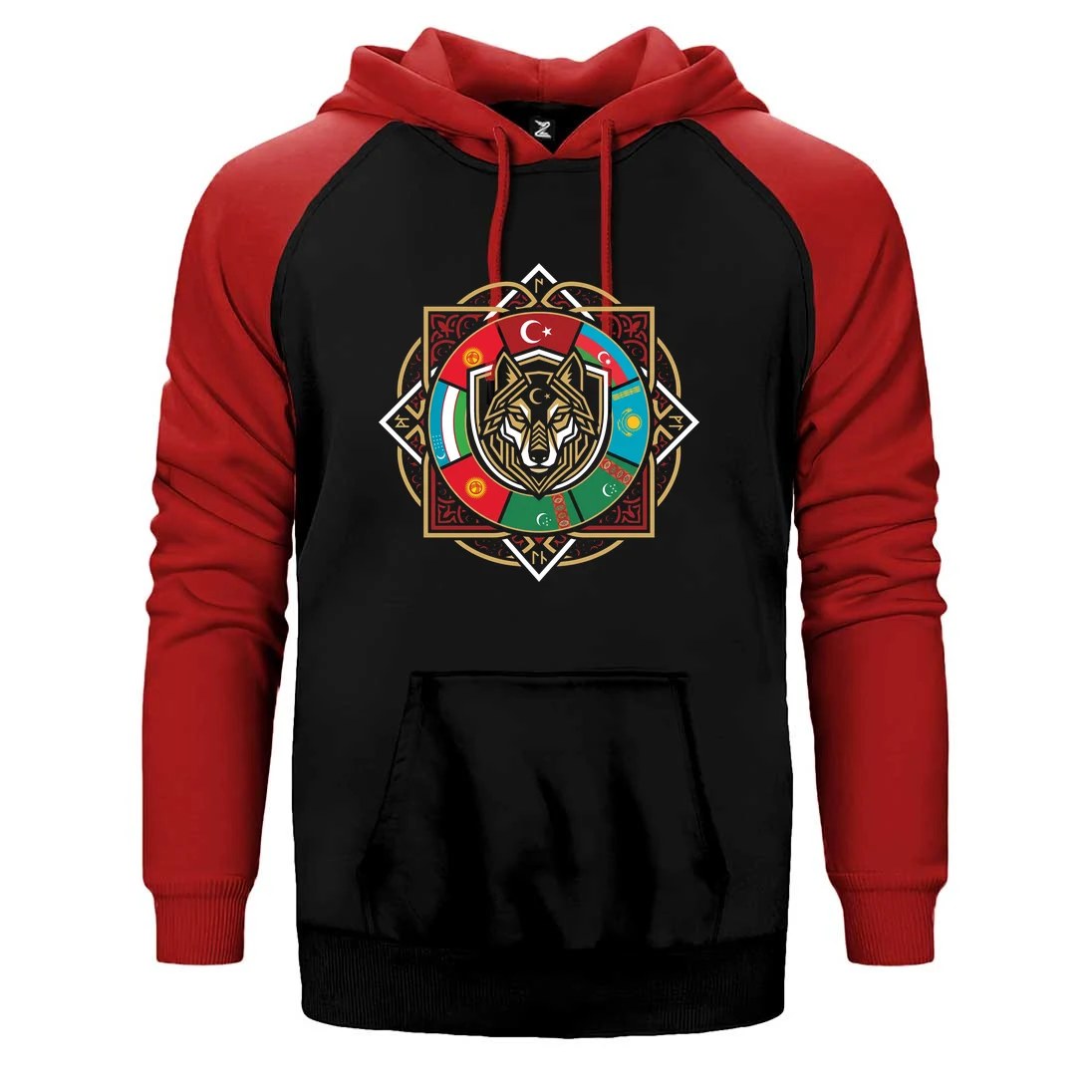 Sekizgen Mandala Bayraklı Bozkurt Baskılı Çift Renk Reglan Kol Sweatshirt / Hoodie