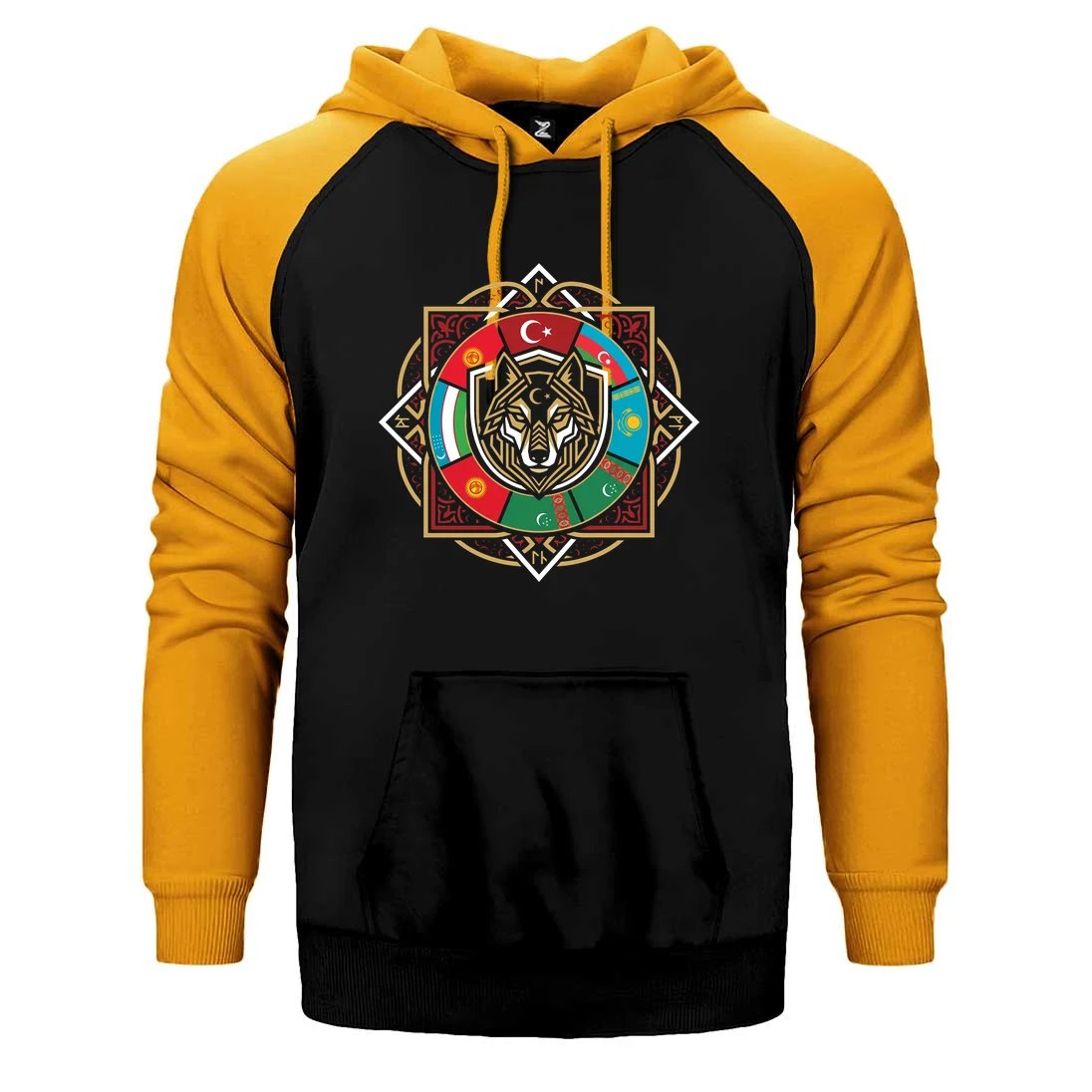Sekizgen Mandala Bayraklı Bozkurt Baskılı Çift Renk Reglan Kol Sweatshirt / Hoodie