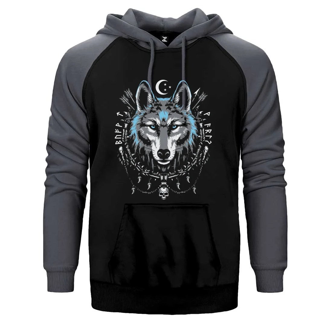 Mavi Mistik Hilal Süslemeli Bozkurt Baskılı Çift Renk Reglan Kol Sweatshirt / Hoodie