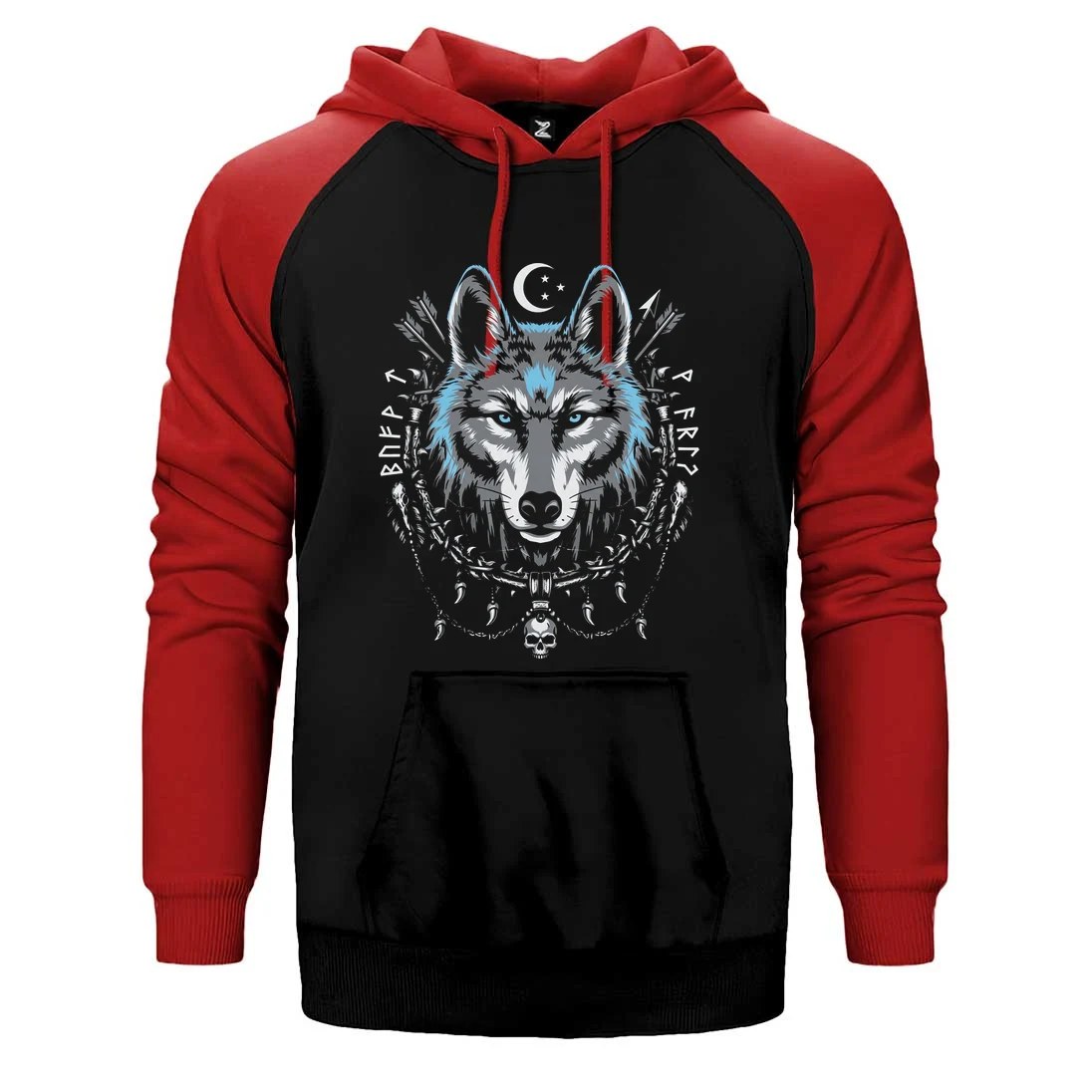 Mavi Mistik Hilal Süslemeli Bozkurt Baskılı Çift Renk Reglan Kol Sweatshirt / Hoodie