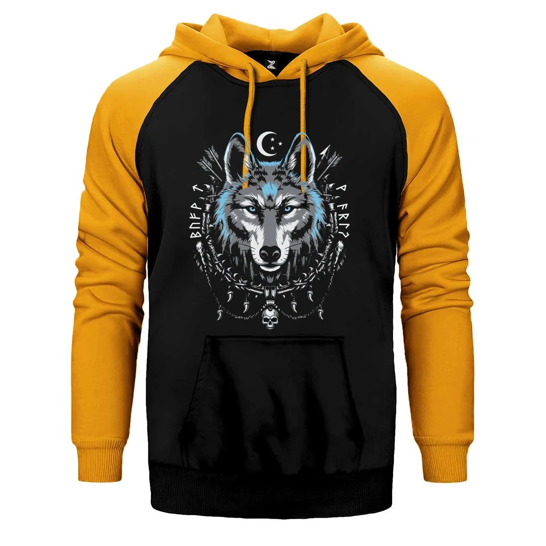 Mavi Mistik Hilal Süslemeli Bozkurt Baskılı Çift Renk Reglan Kol Sweatshirt / Hoodie