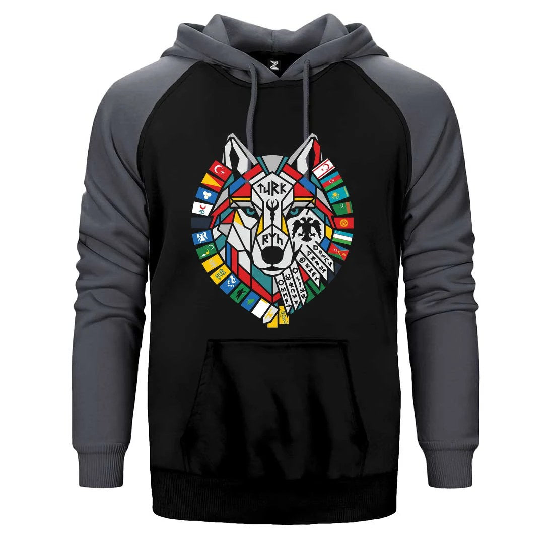 Bayrak Çelenkli Bozkurt Başı Baskılı Çift Renk Reglan Kol Sweatshirt / Hoodie