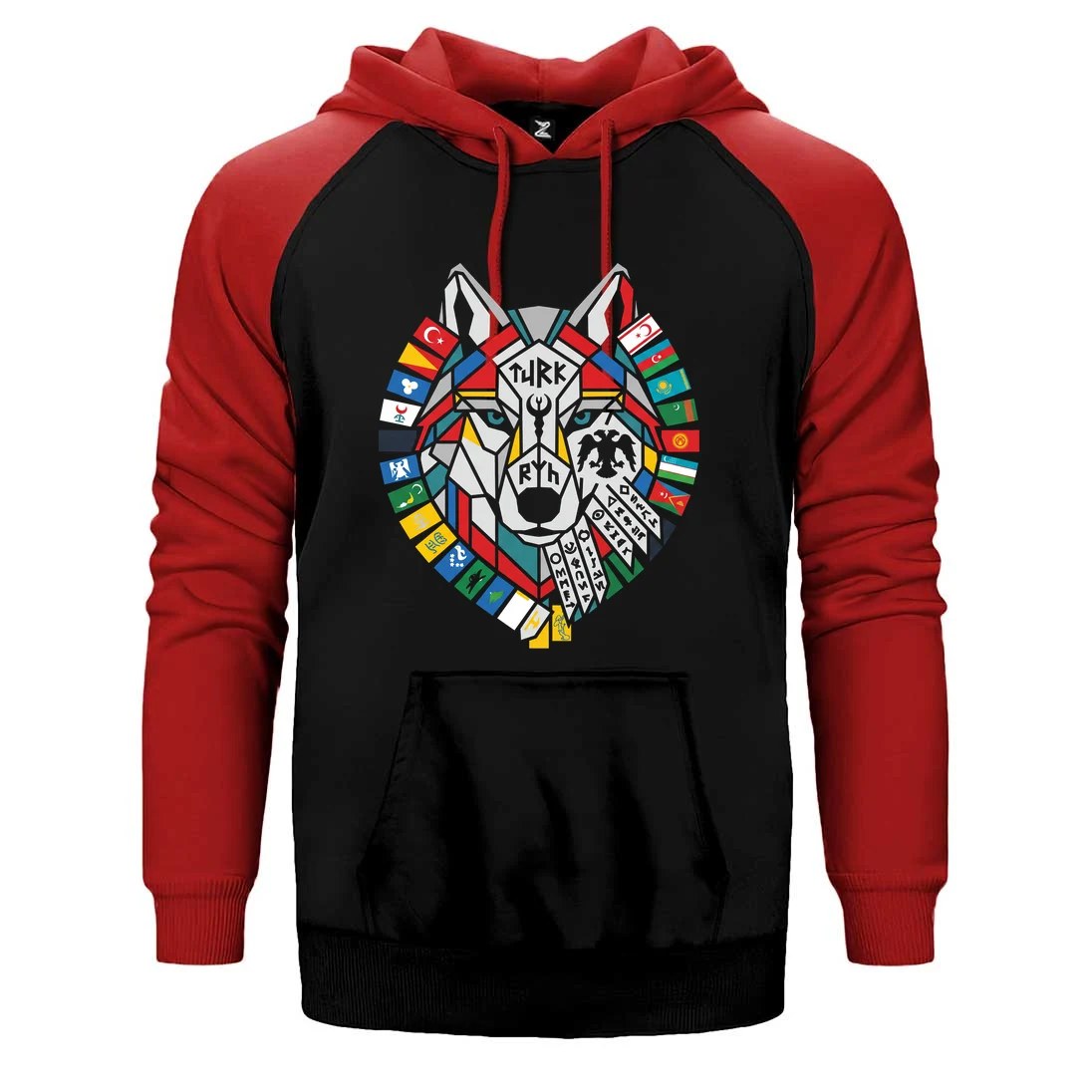 Bayrak Çelenkli Bozkurt Başı Baskılı Çift Renk Reglan Kol Sweatshirt / Hoodie