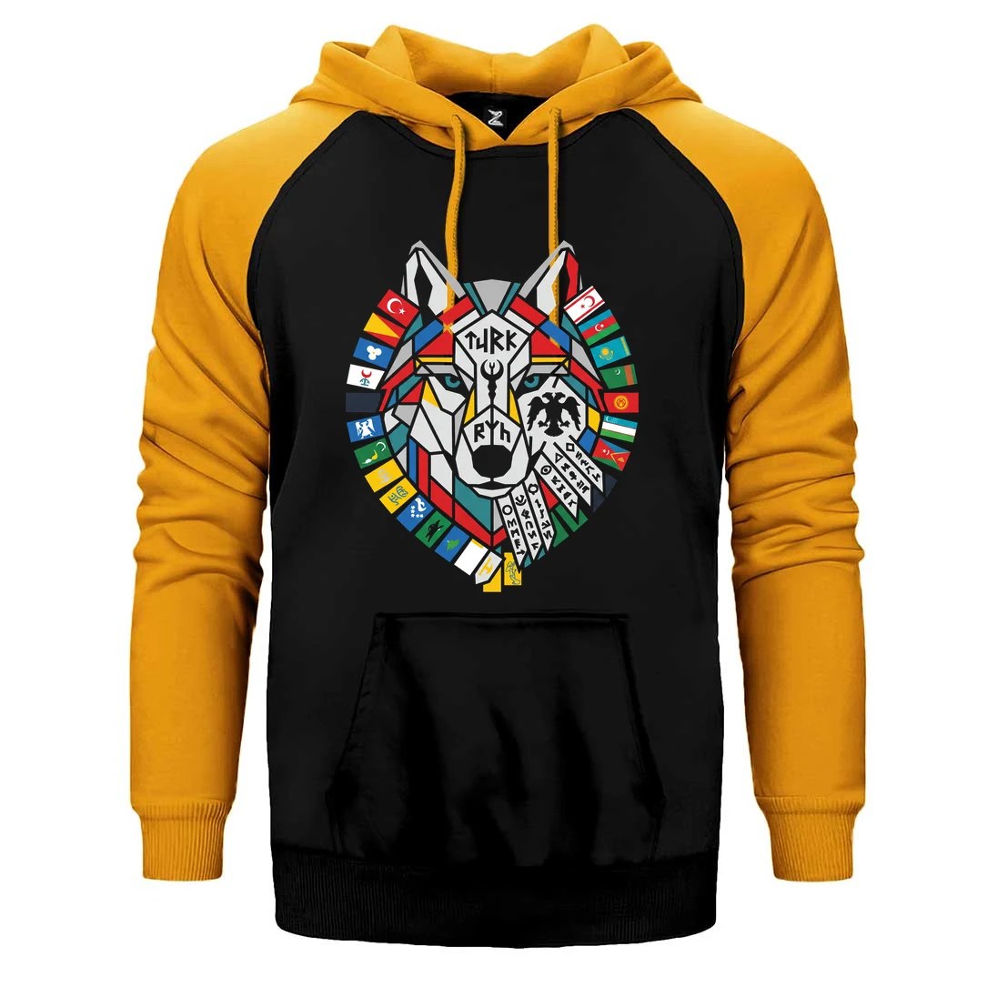 Bayrak Çelenkli Bozkurt Başı Baskılı Çift Renk Reglan Kol Sweatshirt / Hoodie