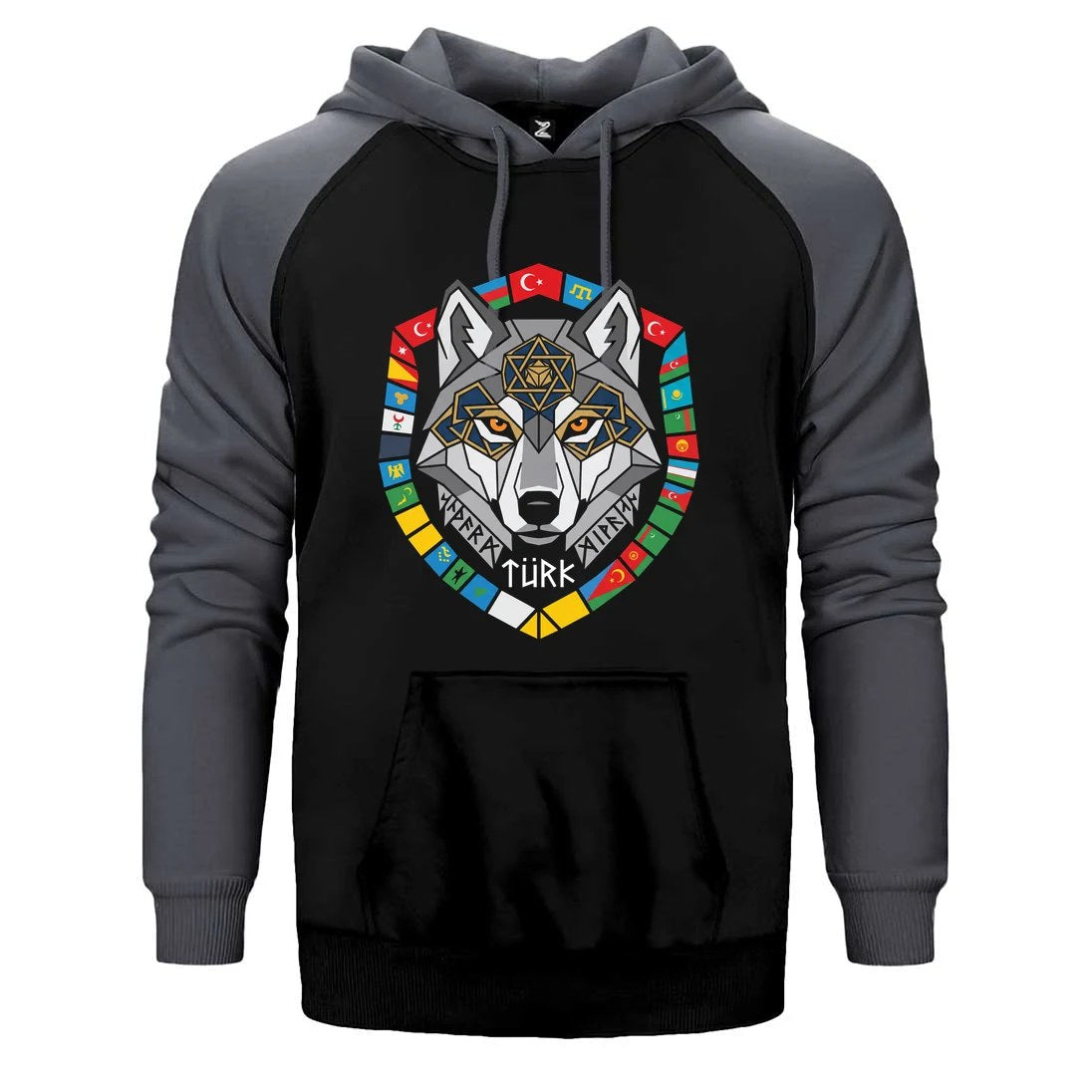 Renkli Bayrak Çerçeveli Gri Kurt Başı Baskılı Çift Renk Reglan Kol Sweatshirt / Hoodie