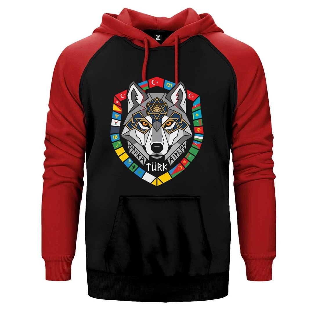 Renkli Bayrak Çerçeveli Gri Kurt Başı Baskılı Çift Renk Reglan Kol Sweatshirt / Hoodie