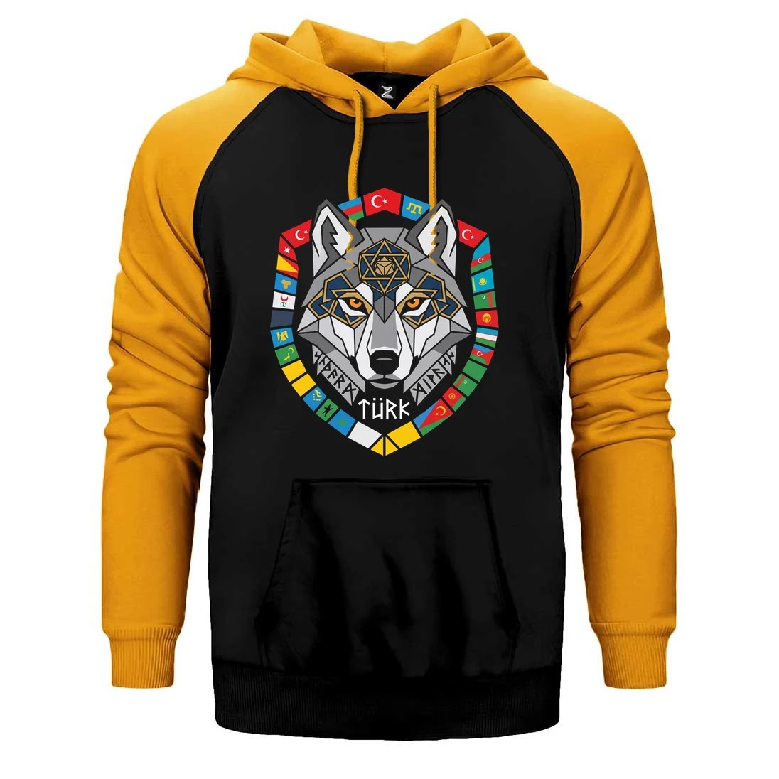 Renkli Bayrak Çerçeveli Gri Kurt Başı Baskılı Çift Renk Reglan Kol Sweatshirt / Hoodie