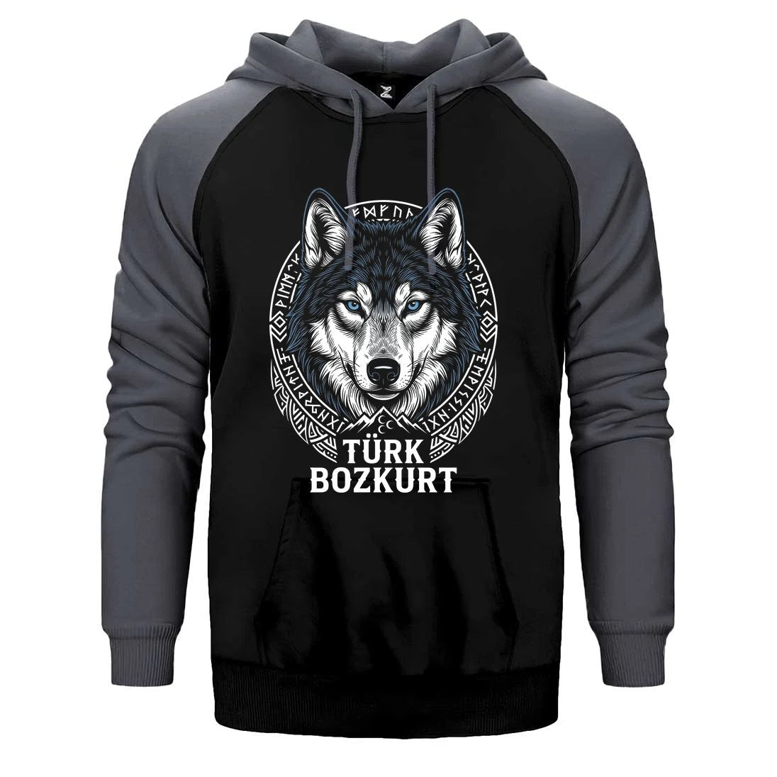 Türk Bozkurt Yazılı Detaylı Kurt Başı Baskılı Çift Renk Reglan Kol Sweatshirt / Hoodie