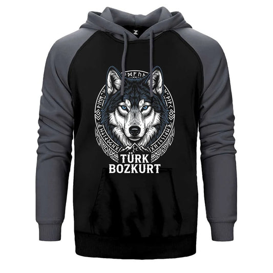 Türk Bozkurt Yazılı Detaylı Kurt Başı Baskılı Çift Renk Reglan Kol Sweatshirt / Hoodie