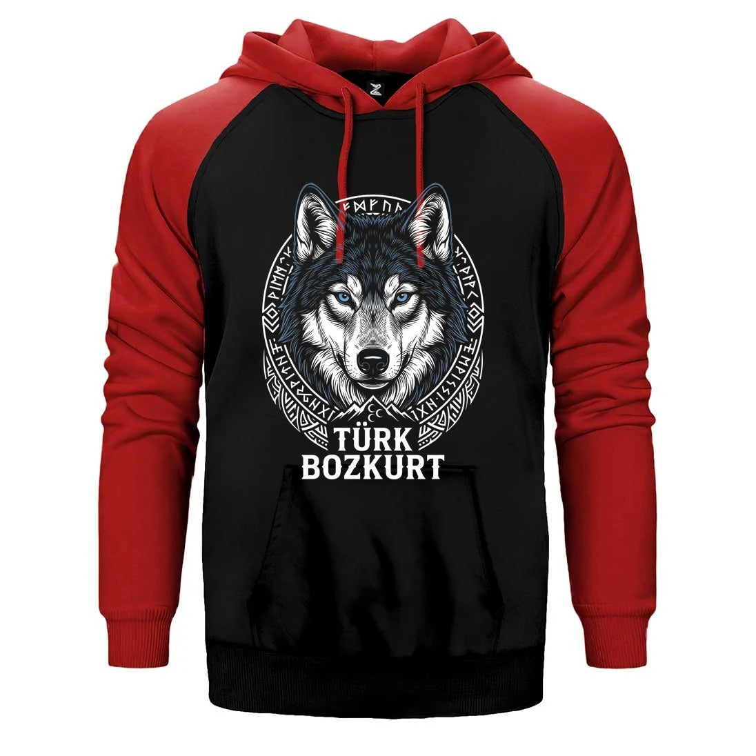 Türk Bozkurt Yazılı Detaylı Kurt Başı Baskılı Çift Renk Reglan Kol Sweatshirt / Hoodie