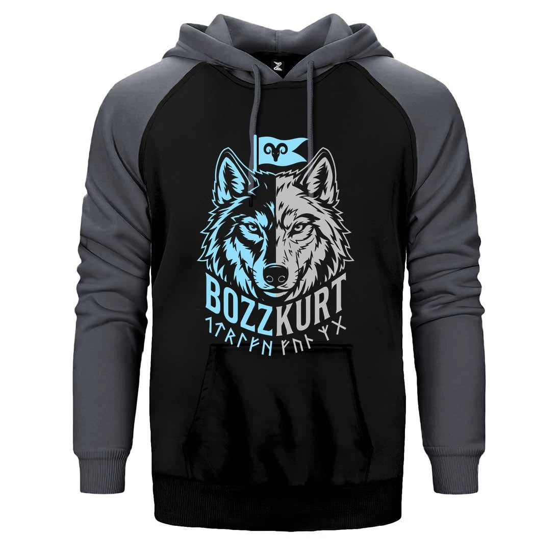 Mavi Beyaz İki Yüzlü Bozkurt Bayraklı Baskılı Çift Renk Reglan Kol Sweatshirt / Hoodie
