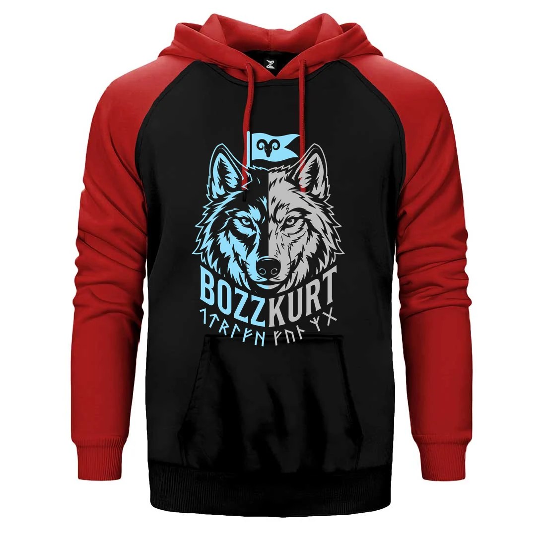 Mavi Beyaz İki Yüzlü Bozkurt Bayraklı Baskılı Çift Renk Reglan Kol Sweatshirt / Hoodie