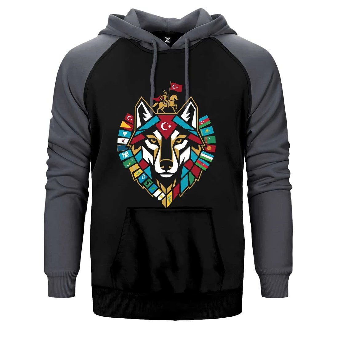 Totem Tarzı Renkli Bozkurt Amblemi Baskılı Çift Renk Reglan Kol Sweatshirt / Hoodie