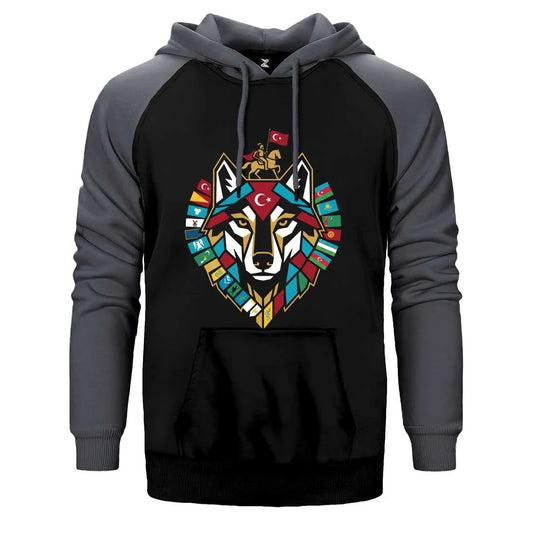 Totem Tarzı Renkli Bozkurt Amblemi Baskılı Çift Renk Reglan Kol Sweatshirt / Hoodie