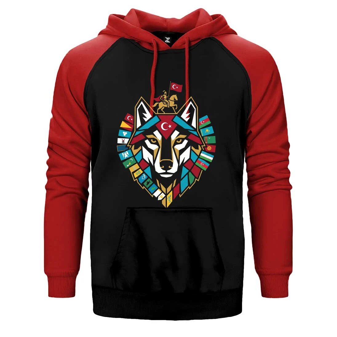 Totem Tarzı Renkli Bozkurt Amblemi Baskılı Çift Renk Reglan Kol Sweatshirt / Hoodie