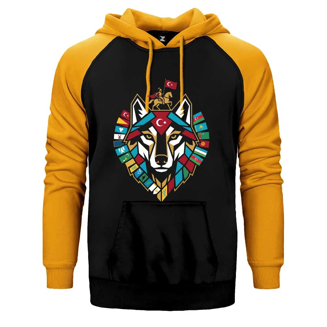 Totem Tarzı Renkli Bozkurt Amblemi Baskılı Çift Renk Reglan Kol Sweatshirt / Hoodie