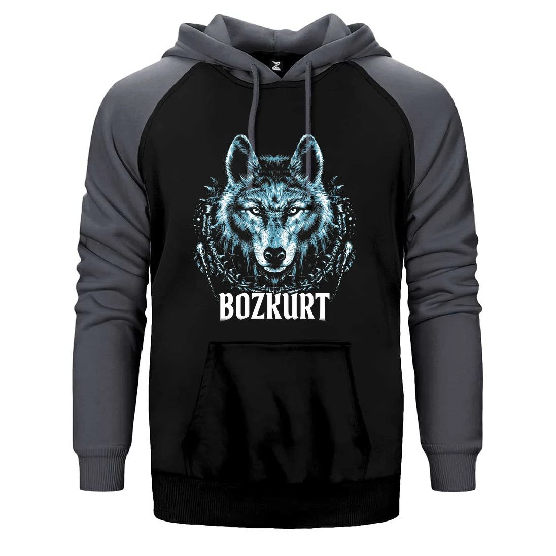 Buz Mavisi Bozkurt Başı Yazılı Baskılı Çift Renk Reglan Kol Sweatshirt / Hoodie