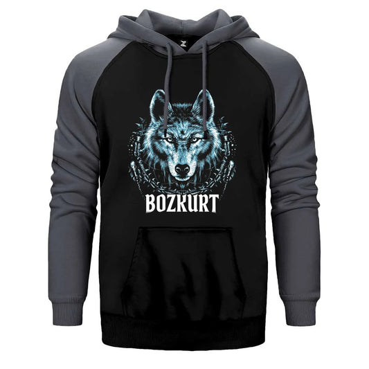 Buz Mavisi Bozkurt Başı Yazılı Baskılı Çift Renk Reglan Kol Sweatshirt / Hoodie
