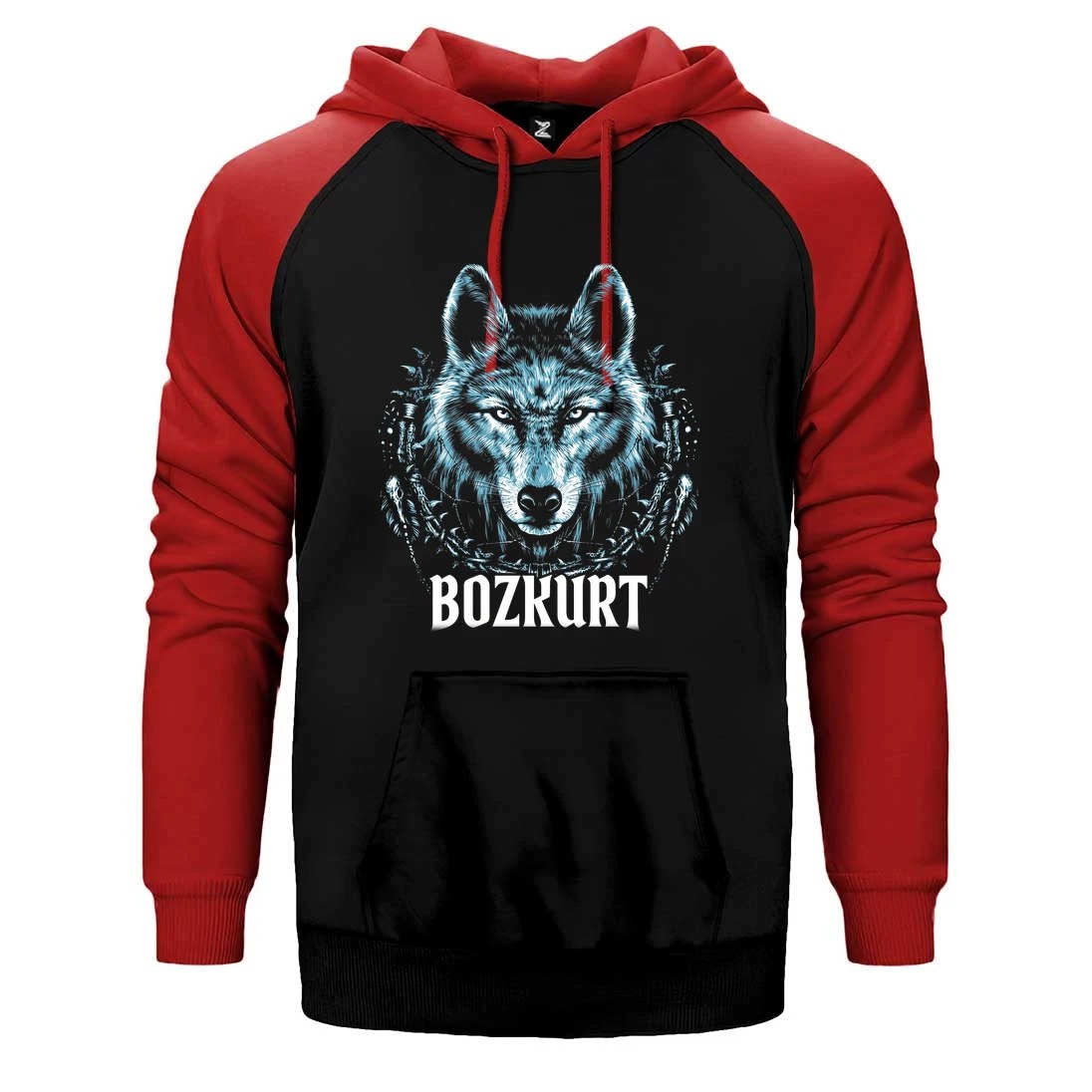 Buz Mavisi Bozkurt Başı Yazılı Baskılı Çift Renk Reglan Kol Sweatshirt / Hoodie