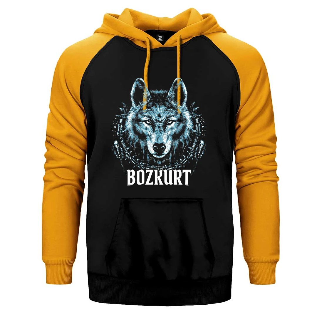 Buz Mavisi Bozkurt Başı Yazılı Baskılı Çift Renk Reglan Kol Sweatshirt / Hoodie